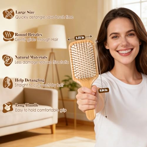 Hair Brush, Eco-Friendly Natural Wooden Bamboo Paddle Hairbrush for Long Short Curly Thick Thin Hair for Men Women Kids, Massaging Scalp, Reducing Tangle & Hair Breakage, Promoting Hair Growth - 2