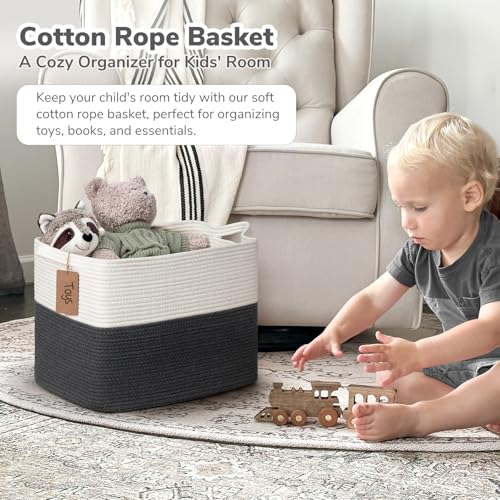 Image of Goodpick 50L Large Woven Rope Storage Basket, Rectangle, Dark Gray | 18 inch x 14 inch x 12 inch Decorative Gift Basket for Living Room & Nursery Organization, Fits Blanket & Toy Storage, Writable Label