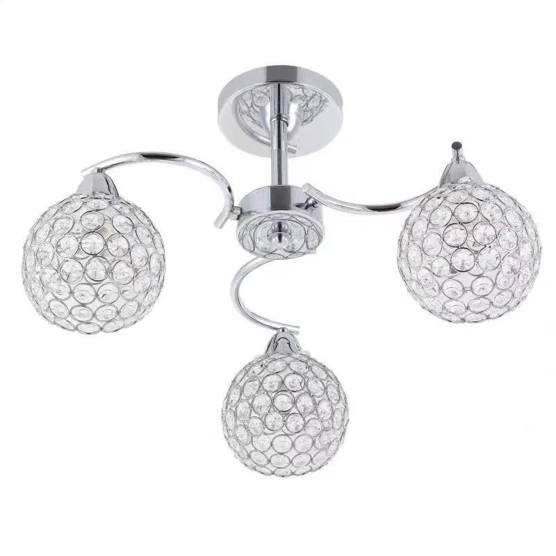 Crystal Lamp 3-Light Round Ball Chandelier Lighting Flush Mount LED Ceiling Light in Chrome Finish Fixture Pendant Lamp for Dining Room Bathroom Bedroom Livingroom