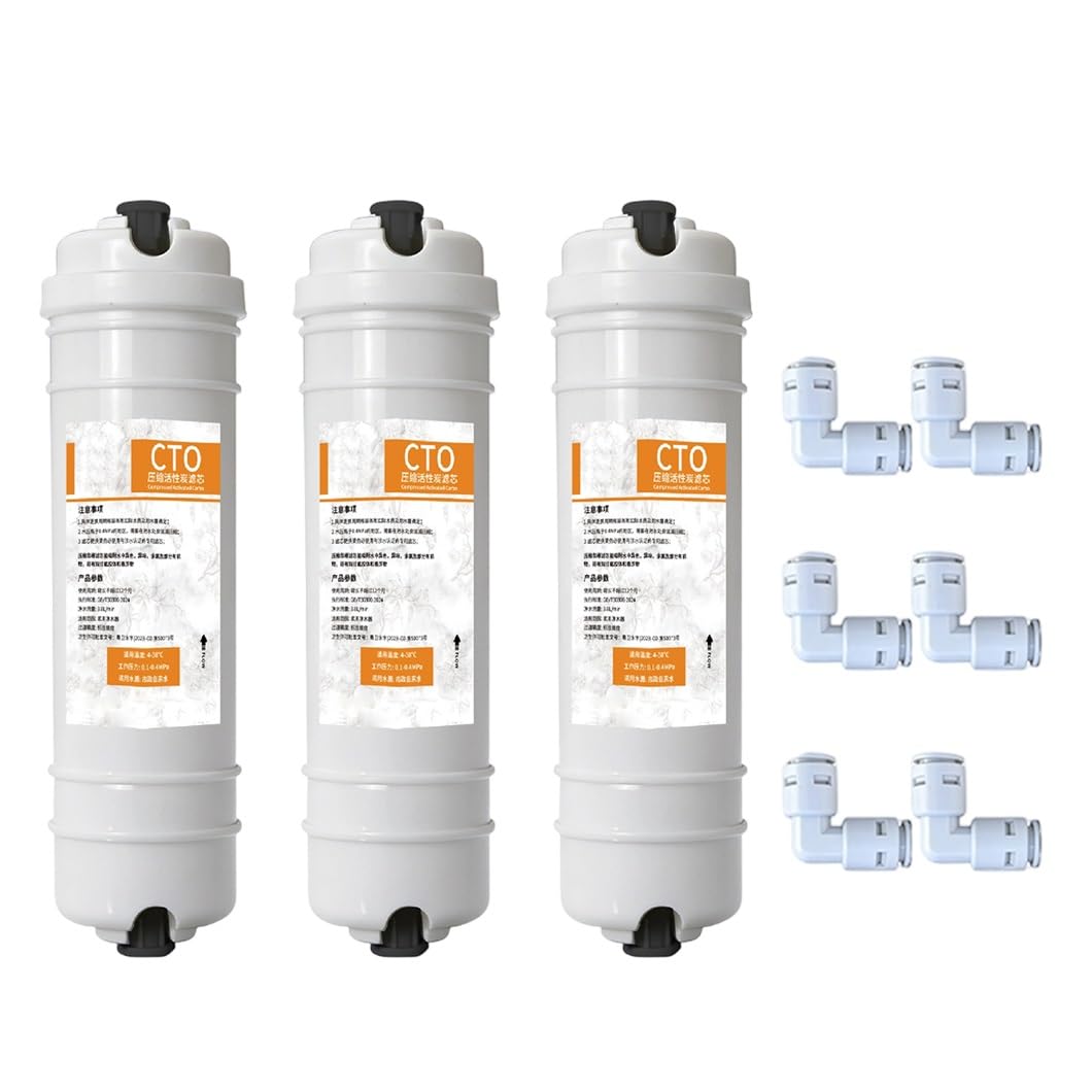 Lot De 3 Filtres À Bloc De Carbone Compressé CTO 10" Avec Kit Connexion Rapide 1/4",adaptateur Coudé Inclus,convient Aux Purificateurs D'eau Osmose Inverse Sous Évier