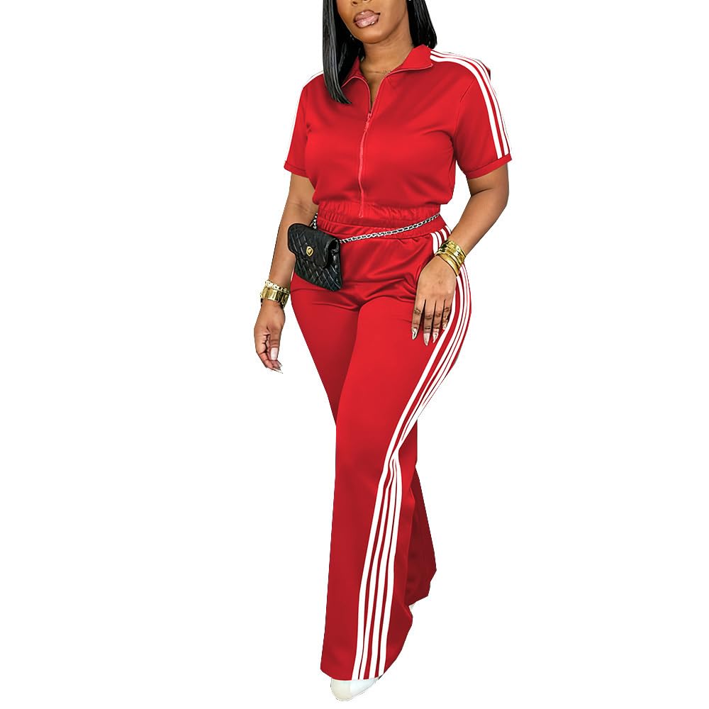 Women's Two Piece Tracksuit Set Short Sleeve Zip Up Polo Top Side Stripe Flare Pants with Pocket Athletic Casual Outfit-image-36