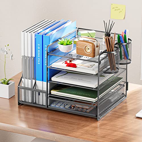 Image of Marbrasse 5-Tier Paper Letter Tray Organizer with Drawer and Pen Holder, Mesh Desktop Organizer and Storage with Magazine Holder for Office Supplies (Grey)