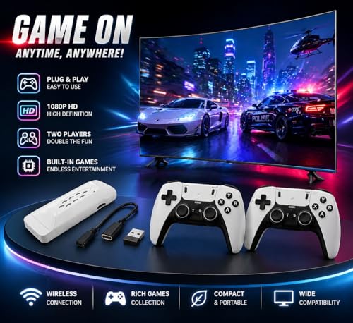 Image of BVG M22 Retro Game Stick Wireless HD Console | 64GB, 30,000+ Games, 50+ Emulators | 4K HDMI Plug & Play Gaming System with Dual Controllers (White)
