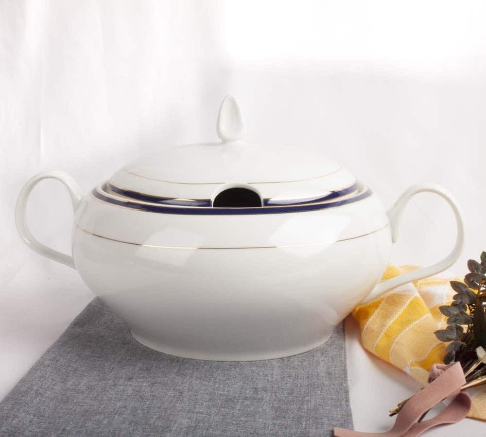 Sopera de porcelana blanca (X l) Sonata, 1 tapa de porcelana, filo de oro, azul cobalto
