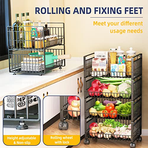 Warome Fruit Vegetable Basket，4 Tier Kitchen Stackable Metal Wire Basket Cart With Rolling Wheels, Potato And Onion Storage Bins Rack For Pantry, Utility Snack Organizer Cart，Black #TOP1