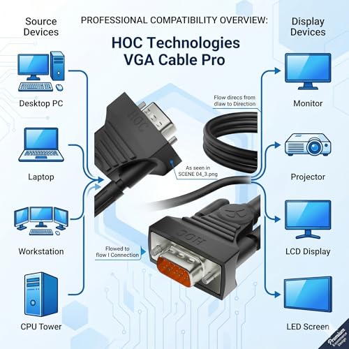 Image of HOC VGA Cable Male to Male 3+4 PRO | Full HD 1080P | Gold Plated 15 Pin Connector | Double Shielded | For PC, Monitor, Laptop, Projector | CE RoHS | 1 Year Warranty