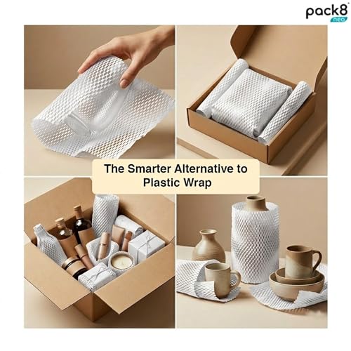 Image of Pack8 Neo Honeycomb Sustainable Paper Packaging Roll, Expandable Cushioning For Breakables, Fragile Items, Shipping, Gifts | Expandable Upto 40-50% (White, 10M X 15 inch)