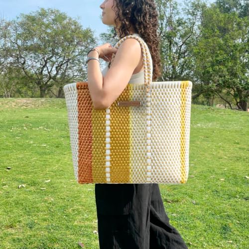 Image of MARIA VICTORIA Handwoven Plastic Mexican Tote Bag Large For Women, Waterproof, Lightweight, Multi-Color Design, Perfect for the Beach, Shopping, and Everyday Use, Cappuccino Large