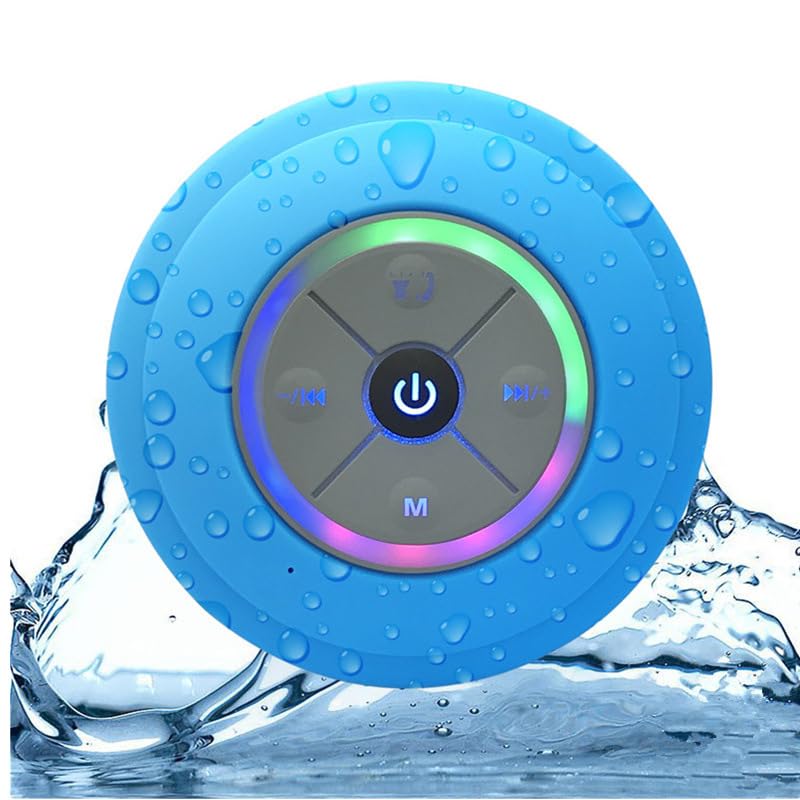 Mini Bluetooth Speakers Ipx4 Waterproof Shower Speaker with Suction Cup Portable Speaker with LED Light - Blue