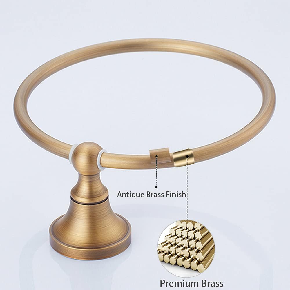 Leyden Antique Brass Makeup Mirror, Brass Towel Ring Towel Hook Bathroom Accessories Wall Mounted