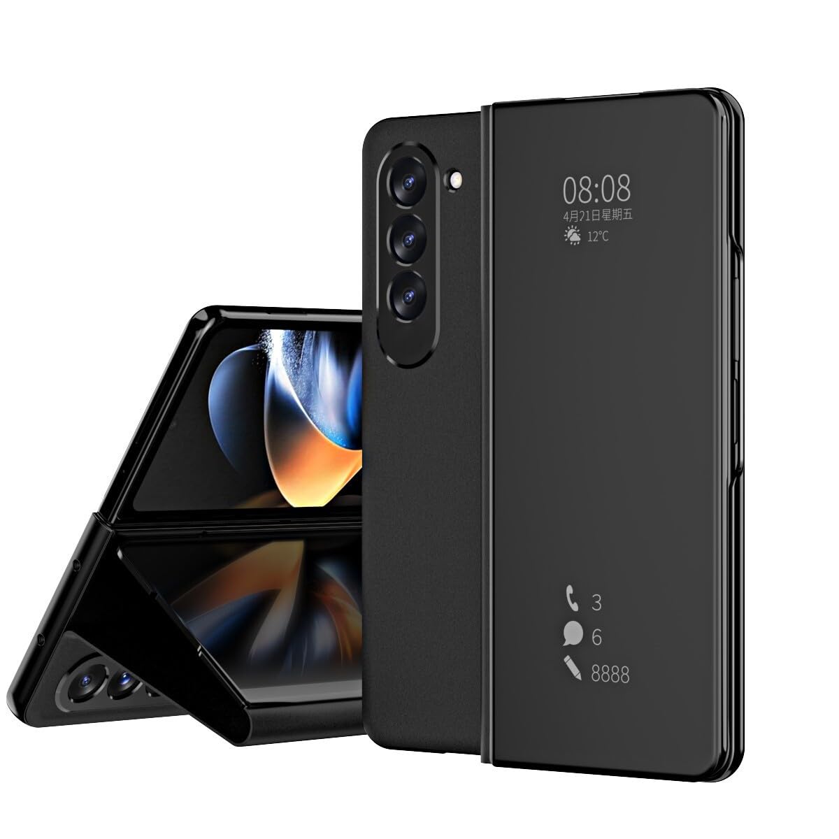 Carcasa genérica compatible con Samsung Galaxy Z Fold 3 (color: negro) con espejo de vista magnética, tapa trasera rígida