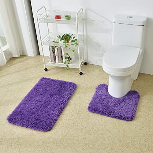 2pc 3pc Fluffy Bathroom Rugs Shaggy Bathroom Rugs Sets 2 Piece Bathroom Rugs Sets 3 Piece Toilet Lid Bathroom Decor Set Soft & Washable( 2pc Set , Purple )