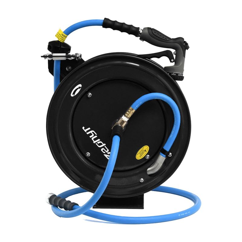 Image of Zephyr Auto-Retractable Garden Hose Reel | Heavy-Duty | Made in India | w / in x 50ft Zephyr Hose and HD Spray Gun - Black