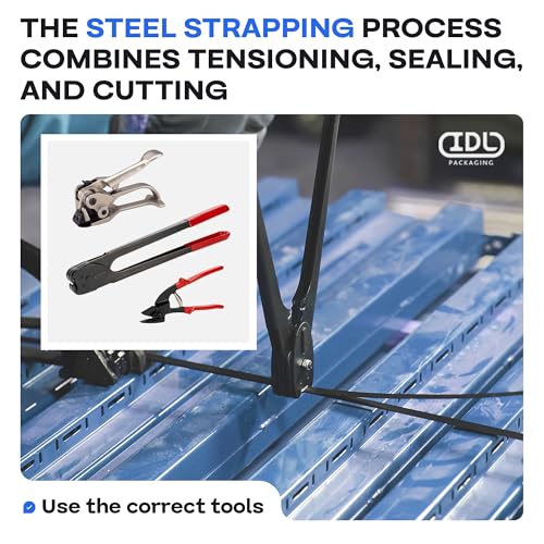 Image of IDL Packaging Round Packages Strapping Kit for 5 /8 inch x 400' Steel Strapping, 1400 lbs Break Strength - Packaging Strapping Solution for Pipes - Enough Strapping and Seals for 200 Uses Before Refill