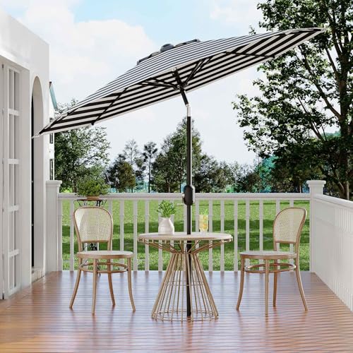 9Ft Patio Umbrella - 8 Sturdy Ribs Outdoor Table Umbrella with Crank Lift & Push Button Tilt - Market Umbrella for Pool, Deck, Yard, Garden - Black & White Stripe