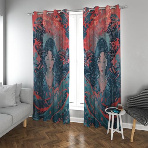 CHERHERART Cortinas Opacas con Estampado de Mujer China Retrato Femenino místico Cortinas oscureciendo para el Ojo del salón Set de 2 Paneles Superiores 2xB168xH300