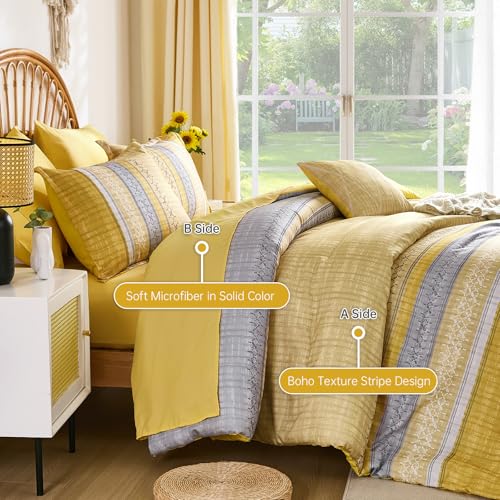 Image of Boho Queen Comforter Size Set, 8 Pieces Yellow Striped Texture Bed in a Bag Bedding Sets, Lightweight Soft Bohemian Comforter and Sheet Set, All Season Microfiber Teen Boys Bedding Sets for Men Women