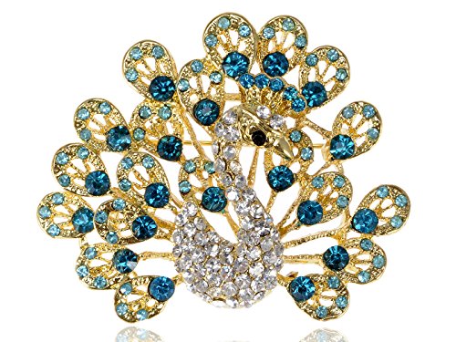 Golden Mascot Fanciful Peacock Tail Feather Bird Cute Synthetic Emerald Crystal Brooch Pin