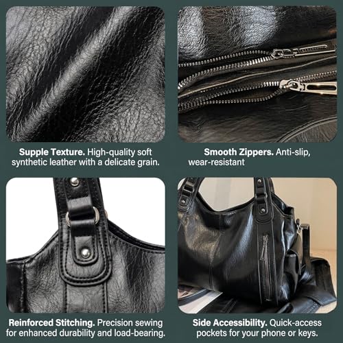 Bolso Hobo de cuero grande para mujer, negro miniatura 3