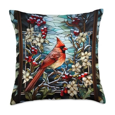 Nature's Neighborhood Cardinal on a Branch Berries Stained Glass Mosaic Style Throw Pillow, 18x18, Multicolor Cover