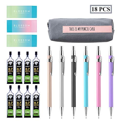 18 PCS Mechanical Pencil Set 0.7 mm, 6 Pieces Mechanical Pencils, 8 Tubes HB Lead Refills with 3 Pack Cute Colored Erasers and 1 Pack Pencil Bag for Office and Drawing or Writing, Gray-01