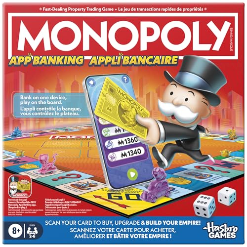 Hasbro Gaming - Monopoly App Banking Board Game | App-Enabled Monopoly Game | Links to Smart Devices | Ages 8+ | 2 to 6 Players | 45 Mins. | Family Games for Kids (English & French)