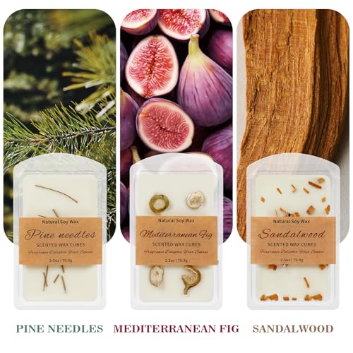 Image of SCENTORINI Wax Melts, Premium Wax with Essential Oil, 2.5oz x 3 Pack | Summer Scents, Scented Wax Cubes, Natural Dried Flower, Pine Needles, Sandalwood, Mediterranean Fig