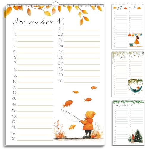 Geburtstagskalender undatiert Geburtstagsplaner Wandkalender A5 immerwährend Jahresunabhängig Kalender Geburtstagsübersicht zum Aufhängen in zartem Aquarell Kinder Jahreszeiten