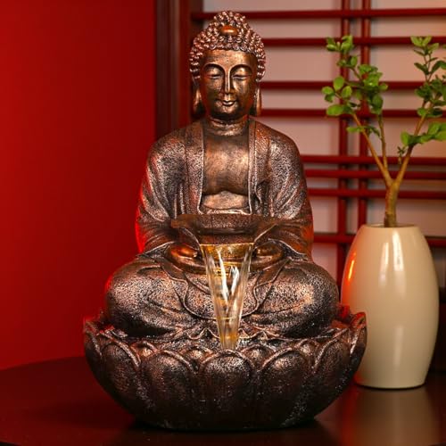 Image of 3 Feet Kamal Buddha Water Fountain for Home & Garden|Fiber Buddha Fountain with LED Light|Indoor Outdoor Fountain for Vastu & Positivity (Copper, 3 Feet Kamal Buddha Fountain)