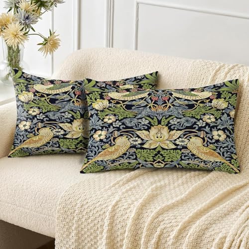 HUASHUZI Cushion Covers Rectangle Long Oblong William Morris 30x50cm Strawberry Thief Decorations Double Sided Pattern Throw Pillow Case Set of 2 Home Decor for Sofa Bench Couch