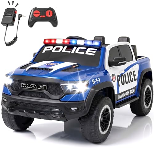 Image of 24V Licensed Dodge RAM Police Ride On Truck, 4WD Kids Electric Car with Remote Control, 2-Seater 66lbs, Bluetooth Music & Emergency Lights, Outdoor Ride On Toy for 3-8 Years Boys Girls,Nav-Blue