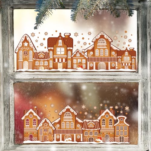 AmazingSpark 72 Large Christmas Gingerbread House Window Clings 9 Sheets Double Sided Gingerbread Man Window Decals Reusable Non Adhesive Stickers Xmas Static Cling Decoration for Christmas Winter