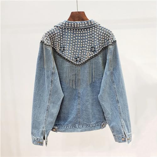 Vsadsau Women Rivet Tassel Denim Jackets Loose Long Sleeve Short Outerwear Jean Jacket Coat Streetwear3