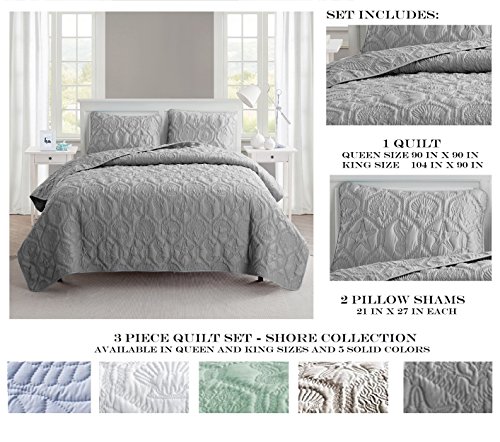 VCNY Home - Queen Quilt Set, 3-Piece Bedding Set with Matching Pillow Shams, Seashell Embroidered Room Decor (Shore Grey, Queen) - Thumbnail 2