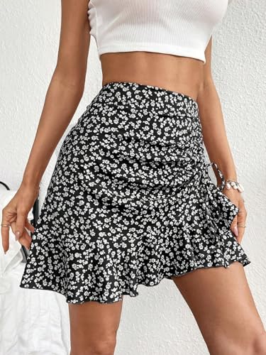 EARKOHA 2025 Skirts for Women Ditsy Floral Print Drawstring Ruffle Hem Skirt Black M4