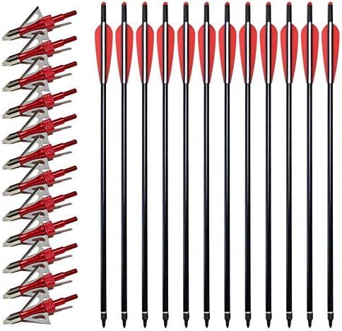 VKEDA 20 Inch Carbon Crossbow Bolts 12 Pack and 12 Pack Hunting Broadheads kit, Carbon Crossbow Arrows for Hunting and Outdoor Practice (Red)