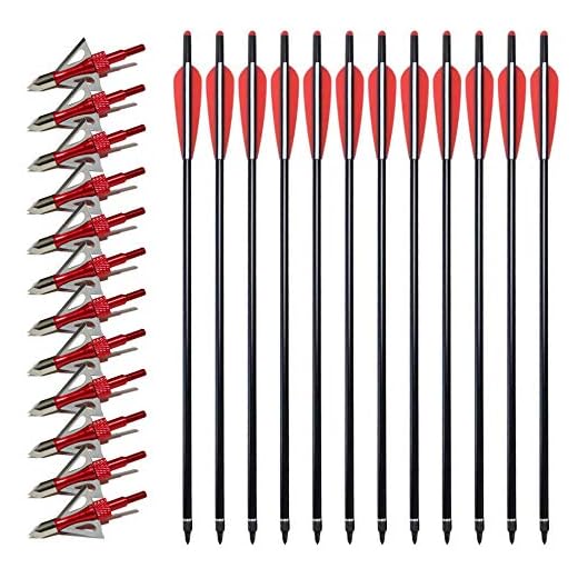 VKEDA 20 Inch Carbon Crossbow Bolts 12 Pack and 12 Pack Hunting Broadheads kit, Carbon Crossbow Arrows for Hunting and Outdoor Practice (Red)