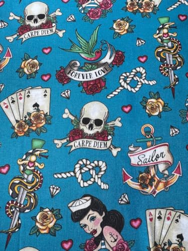 Fabric Traditions Cotton Fabric, Sailor Pin Up Girl with Roses