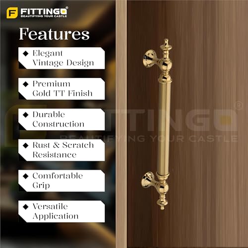 Image of Vintage Royal Main Door Handle | 16 Inch Premium Pull Push Handle for Home, Office, Hotels & Villas | Stainless Steel Gold TT Finish |Hole to Hole 400mm | 3 Years Warranty