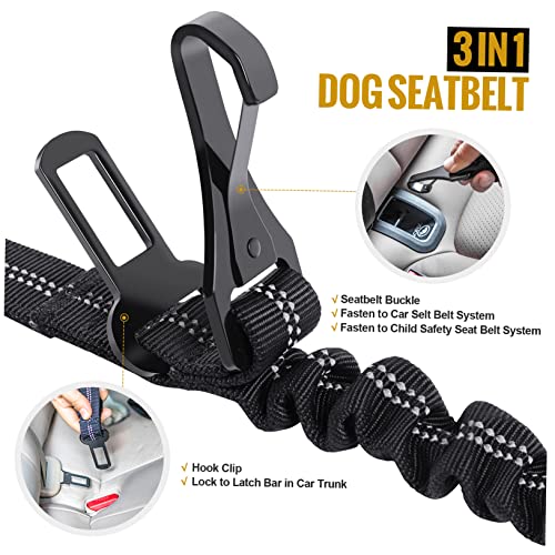 Onetigris Hunde Sicherheitsgurt & Doppel-Hundeleine 3 in 1, Heavy Duty Hundeleine für Auto, Langlebiger Nylon Reflektierender Tether mit Clip Hakenriegel & Schnalle, Zinklegierung drehen Karabiner