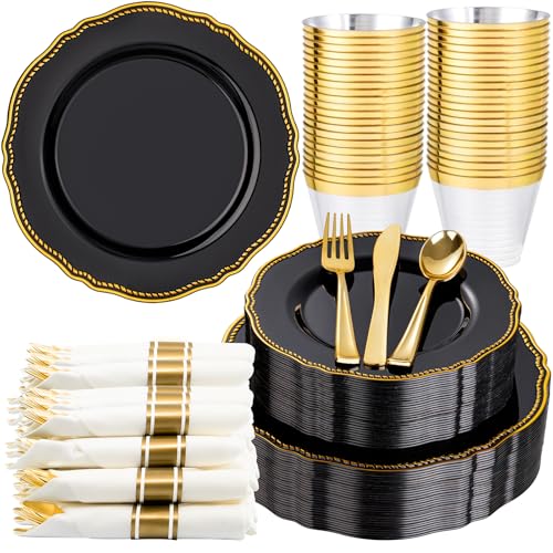 Hioasis 175pcs Black and gold Plastic Plates - Gold Plastic Dinnerware Set Includes 25 Dinner Plates 25 Dessert Dinnerware 25 Cups 25 Napkins Perfect for Wedding & Party