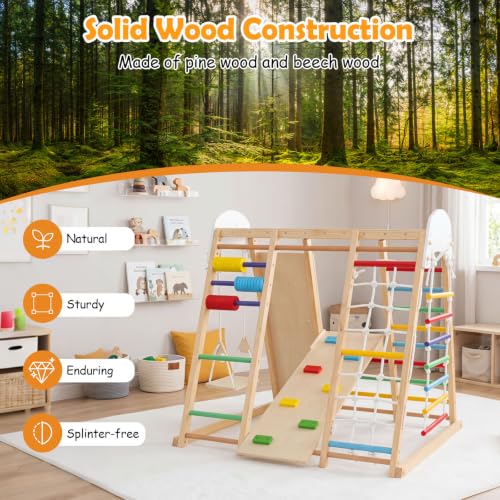 Image of Costzon Indoor Playground, 8-in-1 Foldable Indoor Jungle Gym for Kids | Montessori Jungle Gym Beech Wood Climbing Toys for Toddlers w /Slide, Monkey Bars, Playground Climber Playset for Kids Gifts