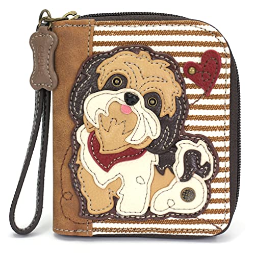 Image of CHALA Zip Around Wallet, Wristlet, 8 Credit Card Slots, Sturdy Pu Leather - Brown Shih Tzu - Brown Stripe