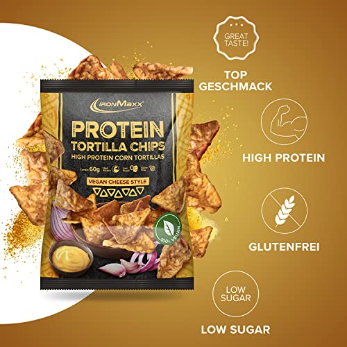 IronMaxx Protein Tortilla Chips – Vegan Cheese Style 60g | Knusprige Eiweißchips aus Soja & Maniok | High Protein Snack | Low Carb, ballaststoffreich, glutenfrei & vegan | Für bewusste Ernährung