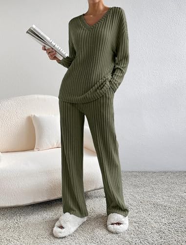 Women Two Piece Lounge Set Fall Winter Pajama Sets Long Sleeve Tracksuit Loungewear Ribbed Knit Sweater Sleepwear3