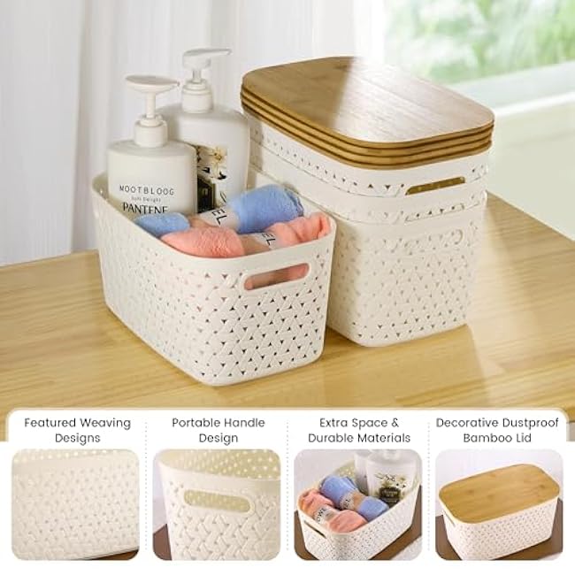 Plastic Storage Bins with Bamboo Lids 4 Packs - Pantry Organization and Storage Containers Storage Baskets: Stackable Storage Bins for Shelves Drawers Closet Office 11.9 x 7.7 x 6.3 inch