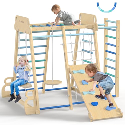 Upgraded Indoor Playground 9-in-1 Jungle Gym Kids Climbing Toys, Montessori Philosophy Waldorf Style Wooden Climber Playset with Slide, Swing, Monkey Bars, Upright/Rope Ladder, Climb Net, Blue
