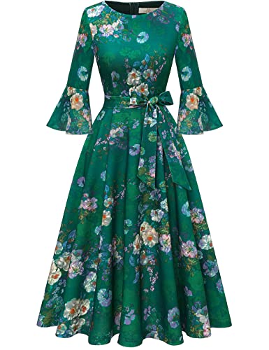 Women's Vintage Floral Midi Formal Bridesmaid Dress Cocktail Party Swing Tea Dresses Long Sleeve Formal for Women Green-Flower XL