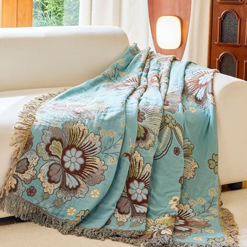 Image of VANJOROY Boho Throw Blanket 80 inch x 90 inch, 100% Organic Cotton Breathable Skin-Friendly Ultra Soft Bed Quilt Blue Throw - Floral Rustic Decor Luxury Reversible Blanket for Sofa Couch Chair and Gift,