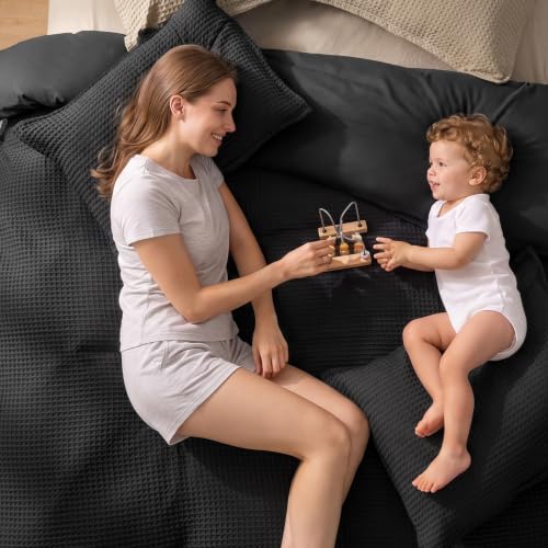 Image of PHF Waffle Weave Duvet Cover Set Queen Size, No Snagging Ultra Soft Luxury Textured Breathable Comforter Cover for All Season 3pcs, Durable Bedding Duvet Set with 2 Pillow Shams, 90 inchx90 inch, Black